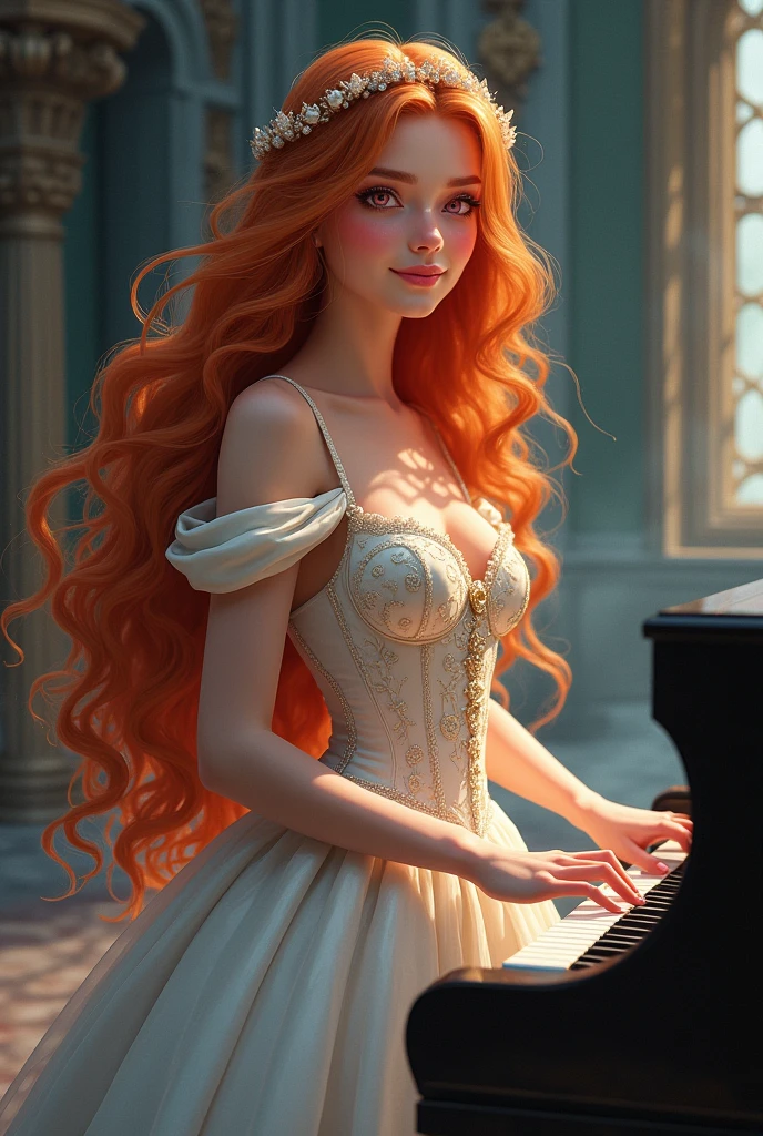 1 princess, alone, beautiful, looking at the viewer, beautiful body, blush, (very long wavy orange hair), (median mother), (pink eyes), very realistic eyes, princess dress, castle surroundings, Very detailed, masterpiece, play piano, smiling, Best Quality, of the highest quality, High resolution, (masterpiece:1.2), lightning, amazing lighting, anime