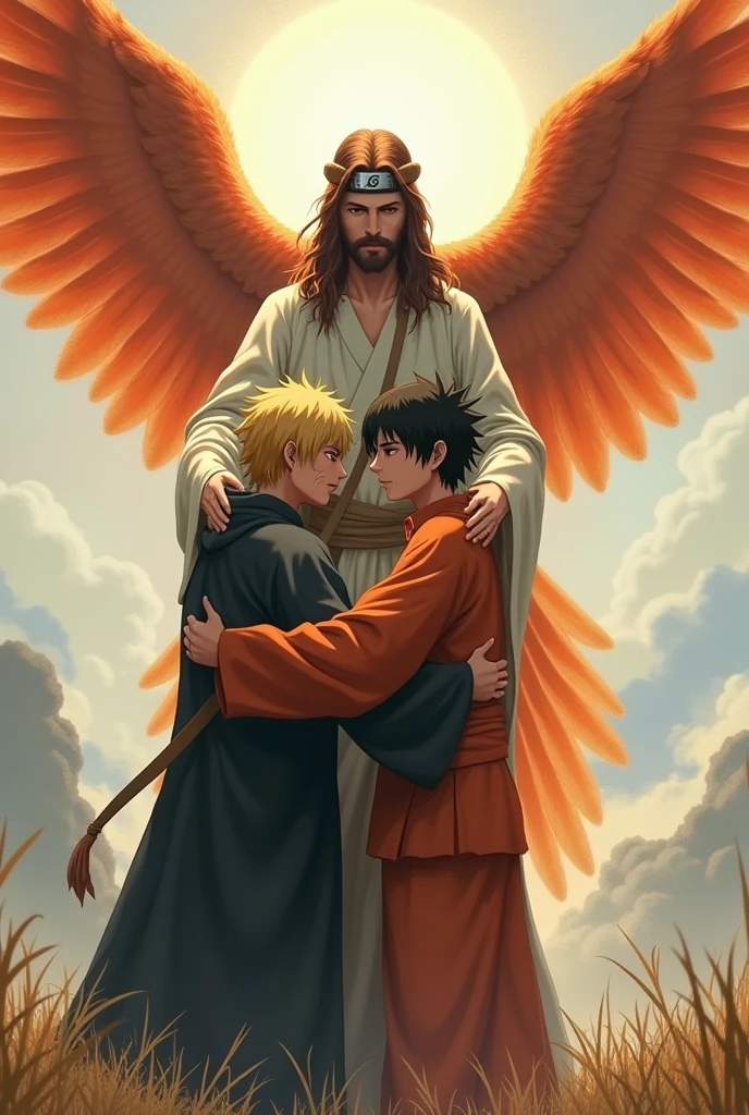 Naruto and Sasuke hugging Jesus and a Phoenix protecting