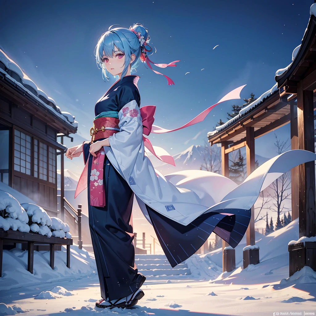 (Sky blue hair tied in a single strand),(Pink Eyes),Fair Skin,Full Body,Alone,Snowy Night,Drawing a divine lot at a temple,japanese kimono,Masterpiece, Top Quality, Very Detailed, Best Shadows,Detailed Background,Beautifully Detailed Face,High Contrast,Best Lighting, Very Delicate and Beautiful,Cinematic Light,Hyper Detail,8k,Dramatic Light,Exquisite Detail,
