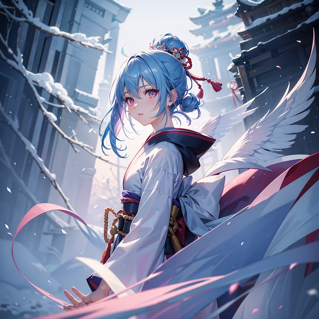 (Sky blue hair tied in a single strand),(Pink Eyes),Fair Skin,Full Body,Alone,Snowy Night,Drawing a divine lot at a temple,japanese kimono,Masterpiece, Top Quality, Very Detailed, Best Shadows,Detailed Background,Beautifully Detailed Face,High Contrast,Best Lighting, Very Delicate and Beautiful,Cinematic Light,Hyper Detail,8k,Dramatic Light,Exquisite Detail,