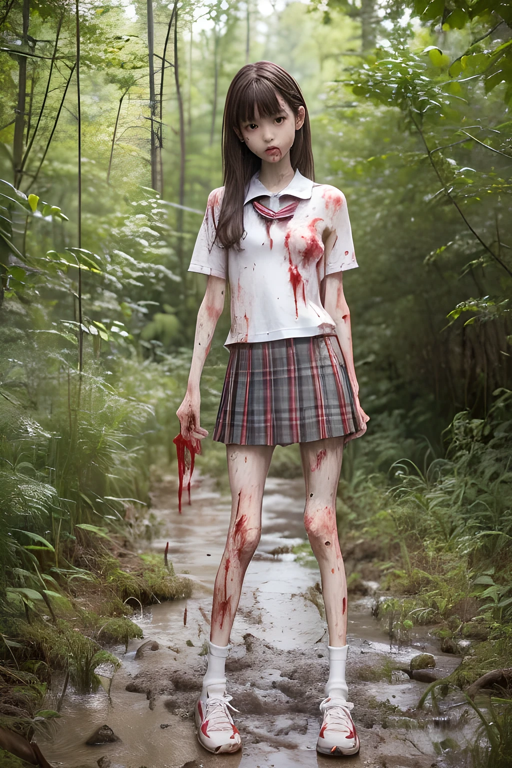 (8K、RAW Photos、highest quality、masterpiece:1.2), (Realistic、Photorealistic:1.2), (High resolution skin:1.1), Beautiful young girl,japanese, ,small breasts,(Slender girl:1.4),(Thin legs:1.4),plaid short skirt,school uniforms, (White socks), Short sleeve,sneakers, whole body,forest,standing,(muddy),(wounds,bloody legs:1.5)