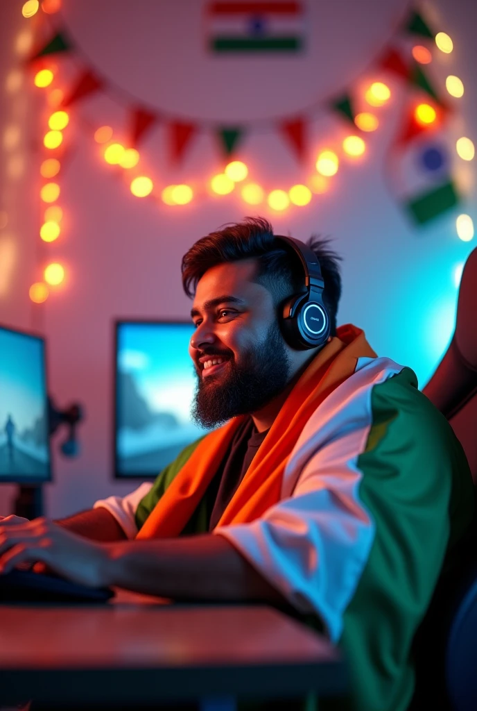 Here's a prompt for the image A fat young man show face towards in a gaming room fully decorated with Indian flags and tricolor-themed decoratives. He has the Indian flag draped over his shoulders and is wearing headphones, completely immersed in the festive spirit of Independence Day. The room is vibrant, with tricolor lights, banners, and streamers, creating an atmosphere of national pride and celebration. The gaming setup is sleek and modern, but the focus remains on the patriotic decorations and the sense of unity and joy in the scene."