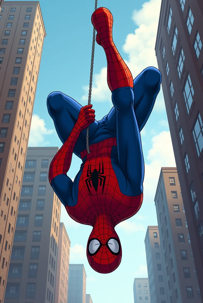 Spiderman in his classic suit, hanging upside down holding onto his web with one arm and the other arm in a web-slinging position