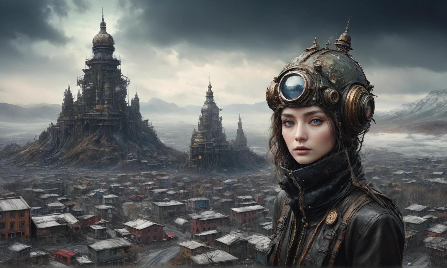 insane pilot from USSR , camouflage Rusty, after a psychiatric clinic,winter,intricate landscape,slate grey atmosphere,film grain,faded,eyes extremely detailed,another world,view from height,once pretty face,eyebrow up,full body shot,ominous landscape, Simon Stalenhag,Nicola Samori,full body shot,beggar paladium The Alien Entity,Technicolor,natural skin textures, hyper realism, hyper detailed,Extremely detailed,High contrast,Masterpiece,Realistic,Ultra Detailed, intricate details,realistic humid leather,extremly intricate,Epic Realistic, cinematic style,irina yermolova,high contrast,hdr,extremely detailed, deep night landscape,masterpiece,intricate details,faded,eyes extremely detailed, high detailed eyes,8k resolution,RAW,retina, Nikon Z9,China,tkt style, transition between two art styles, Ink painting to photorealism, Double contact, X-ray, Creative, vivid light, masterpiece, fantasy, Abstract Surrealism, super detailed, high resolution, stop:35;Her skin is pale, almost translucent,ancient rock,a hot air soars through the layers of clouds, revealing a colossal and enigmatic cityscape nestled within. The buildings in this ethereal city are adorned with intricate details and exude an aura of mystery. Above the cityscape, lend an enchanting touch to the scene. steampunk. The intricate mechanics create a sense of wonder and fascination, as if stepping into a dreamlike realism,Marta Bevacqua, Ellen Jewett, Kawacy, Katsuya Terada, Carne Griffiths