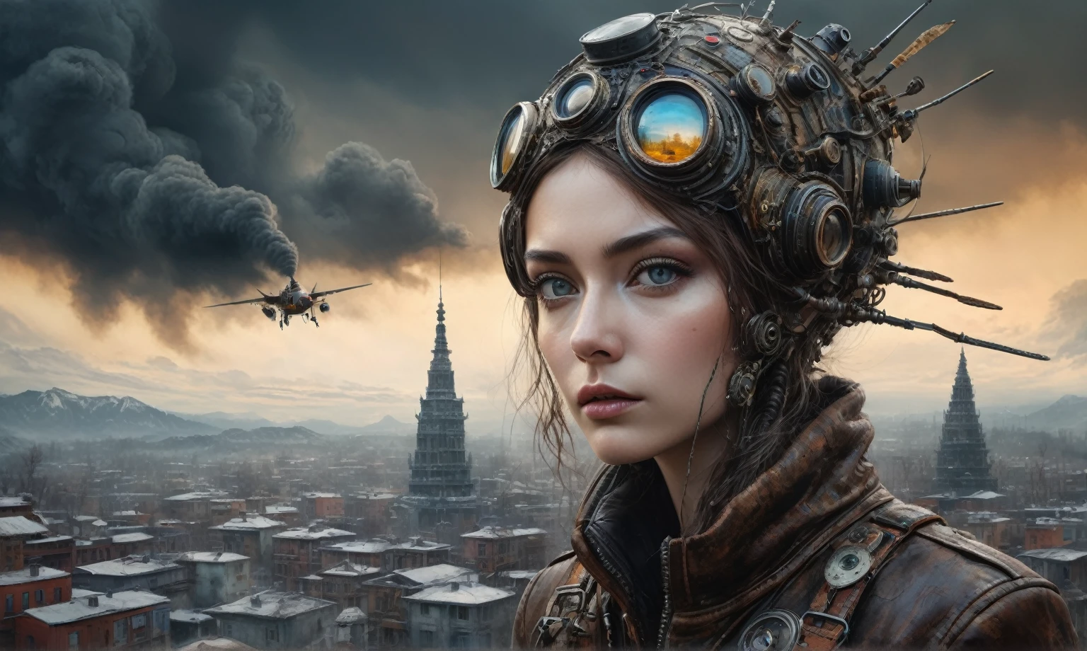 insane pilot from USSR , camouflage Rusty, after a psychiatric clinic,winter,intricate landscape,slate grey atmosphere,film grain,faded,eyes extremely detailed,another world,view from height,once pretty face,eyebrow up,full body shot,ominous landscape, Simon Stalenhag,Nicola Samori,full body shot,beggar paladium The Alien Entity,Technicolor,natural skin textures, hyper realism, hyper detailed,Extremely detailed,High contrast,Masterpiece,Realistic,Ultra Detailed, intricate details,realistic humid leather,extremly intricate,Epic Realistic, cinematic style,irina yermolova,high contrast,hdr,extremely detailed, deep night landscape,masterpiece,intricate details,faded,eyes extremely detailed, high detailed eyes,8k resolution,RAW,retina, Nikon Z9,China,tkt style, transition between two art styles, Ink painting to photorealism, Double contact, X-ray, Creative, vivid light, masterpiece, fantasy, Abstract Surrealism, super detailed, high resolution, stop:35;Her skin is pale, almost translucent,ancient rock,a hot air soars through the layers of clouds, revealing a colossal and enigmatic cityscape nestled within. The buildings in this ethereal city are adorned with intricate details and exude an aura of mystery. Above the cityscape, lend an enchanting touch to the scene. steampunk. The intricate mechanics create a sense of wonder and fascination, as if stepping into a dreamlike realism,Marta Bevacqua, Ellen Jewett, Kawacy, Katsuya Terada, Carne Griffiths