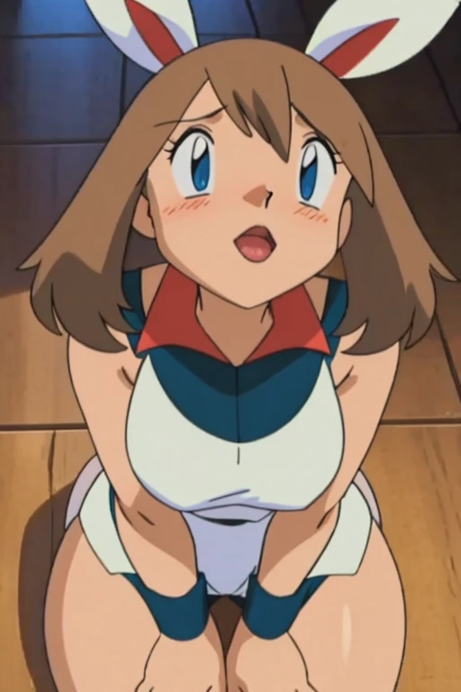 Big chest, chest, Tongue out, whole body,Thighs,accurate, Light blush, Large Breasts, sitting,Looking up,Lick,valley,Born as is,licking,bunny girl,ウサギの耳, ボディスーツ,バナナを舐める