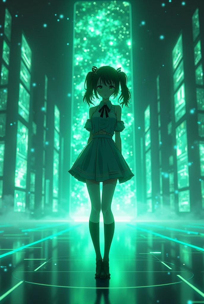 STICKER ON A WHITE BACKGROUND. green holographic silhouette, knee socks. I'm standing in a room with holograms. anime waifu. Stylish. Cute, hot, shiny. Highly detailed uhd anime wallpaper, cel digital animation