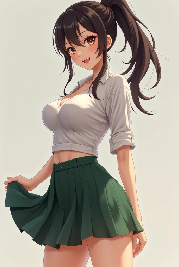 Short green skirt, big breasts, white shirt, tall woman, pretty, panties,anime a ponytail bit ass