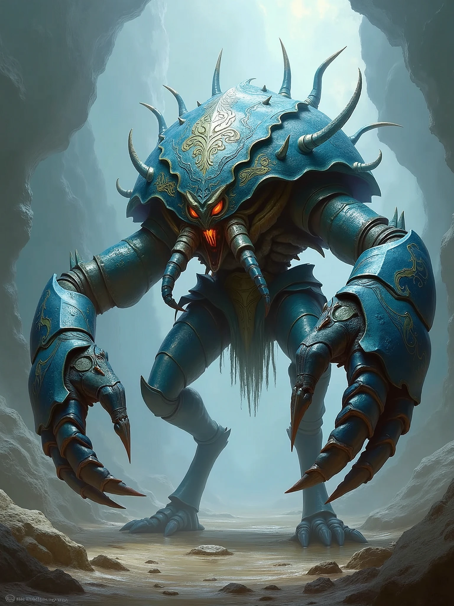 an armored bipedal crab monster, warrior style, blue shell white skin, large fantasy style pincers.