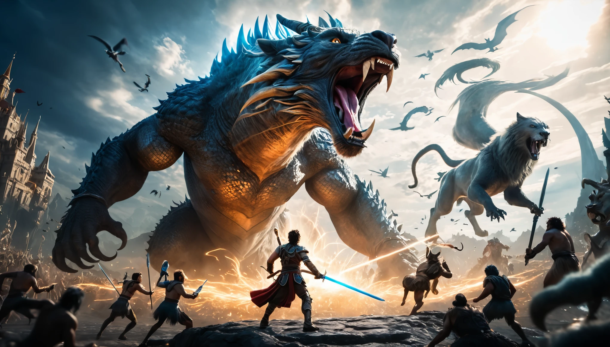 Prompt #2:
An epic battle scene in a different world, the hero at the center wielding a sword that glows with an ethereal light, surrounded by fantastical beasts and allies, mid-action, high tension, Canon EOS R8, wide angle lens