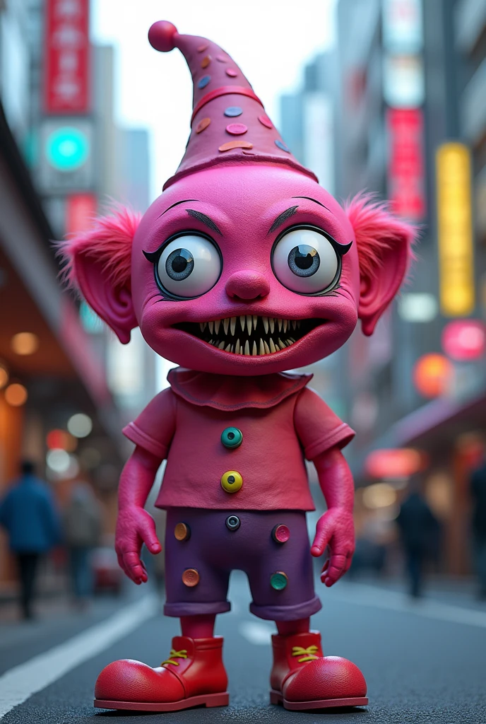 A pierrot with bright pink skin Eyes Big lips Tokyo Pointed leather shoes Funny hat Skin is pink Thin pink teeth