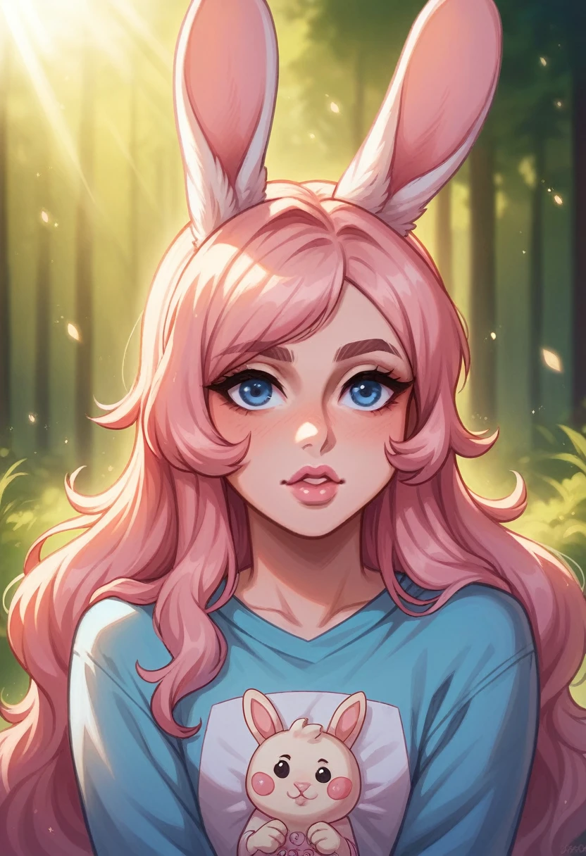 (high quality) (best quality) (a woman) (correct physiognomy) (perfect students) (perfect eyes) anime woman, deep pink, long and fluffy hair, two rabbit ears coming out of her head, blue eyes, lips sensitive, feminine appearance, soft facial features, thin eyebrows, soft skin, rosy cheeks, pink lips, silky eyelashes, dreamy expression, middle age, youthful clothing, print sweatshirt, photo illuminated by sunlight, Woman sitting on forest.