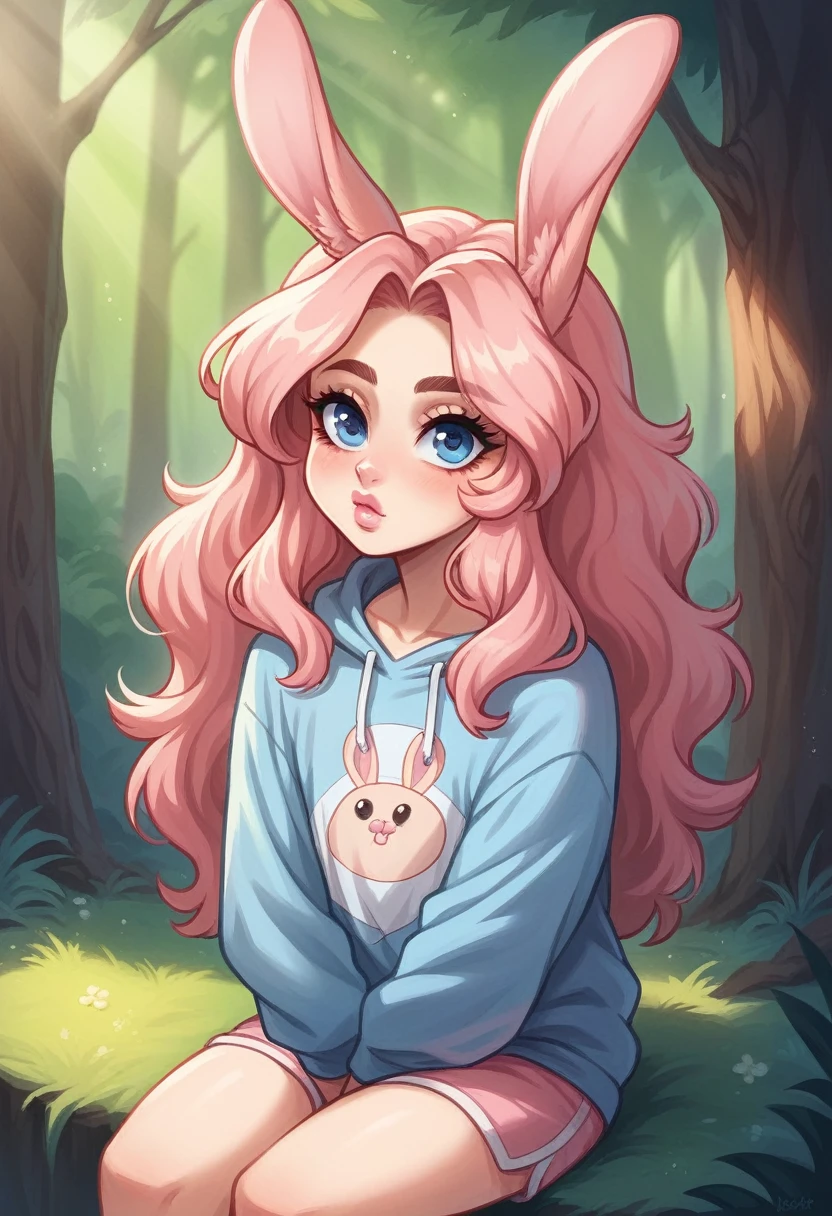 (high quality) (best quality) (a woman) (correct physiognomy) (perfect students) (perfect eyes) anime woman, deep pink, long and fluffy hair, two rabbit ears coming out of her head, blue eyes, lips sensitive, feminine appearance, soft facial features, thin eyebrows, soft skin, rosy cheeks, pink lips, silky eyelashes, dreamy expression, middle age, youthful clothing, print sweatshirt, photo illuminated by sunlight, Woman sitting on forest.