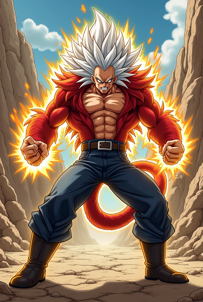 A man with long white hair,yellow eyes,dark blue jeans by Jin,black boots without a shirt,red monkey tail,red fur on their arms(up to their wrists) back and part of their abdomen(transformed into super saiyan 4)anime style/dragónball (fighting against Vegeta Super Saiyan 4 in a rocky area)