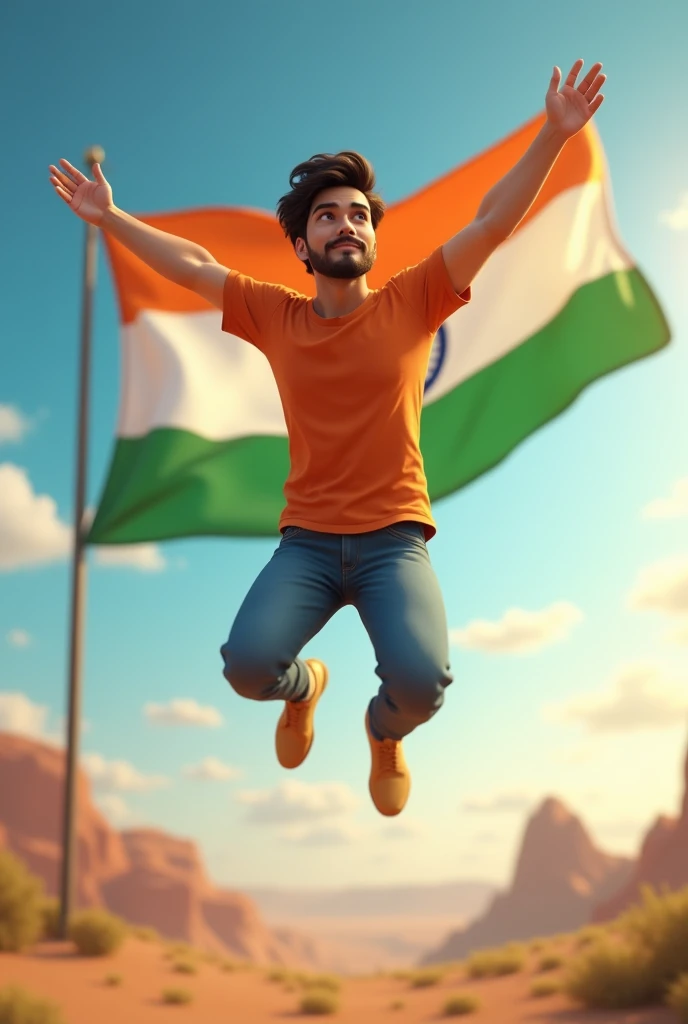 in 3d animation style A nice photo in which 20years boy fly india tiranga t-shirt name ankit 