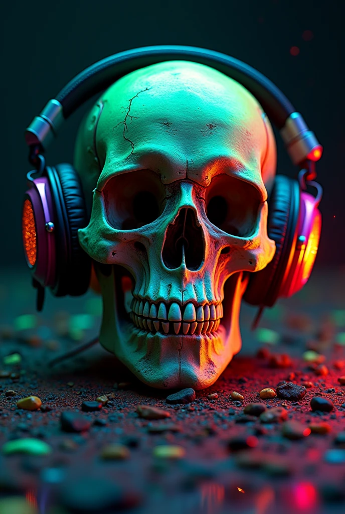 Skull with headphones receiving a bullet in the forehead
