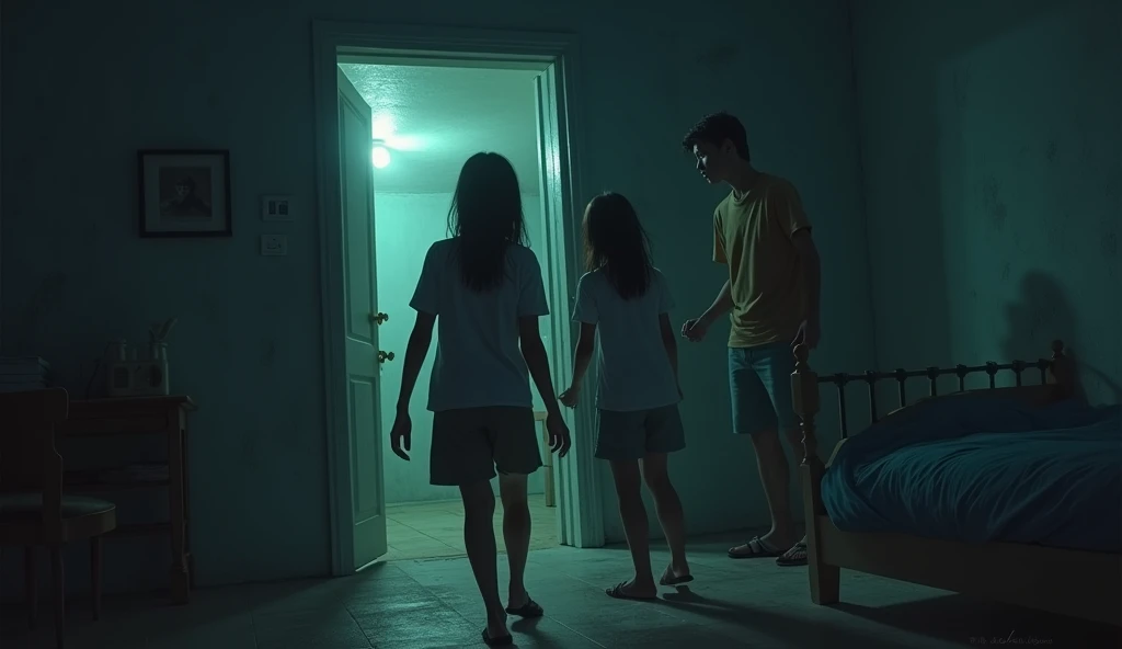 7. The door slammed shut and the atmosphere was tense
- Scene 7: As they turned to leave, the bedroom door suddenly closed by itself. They were all trapped inside. The lights began to flicker, and the sound of footsteps echoed in the hallway.
(Teenage Players : Andi and Budi are boys, Rina and Siska are girls)