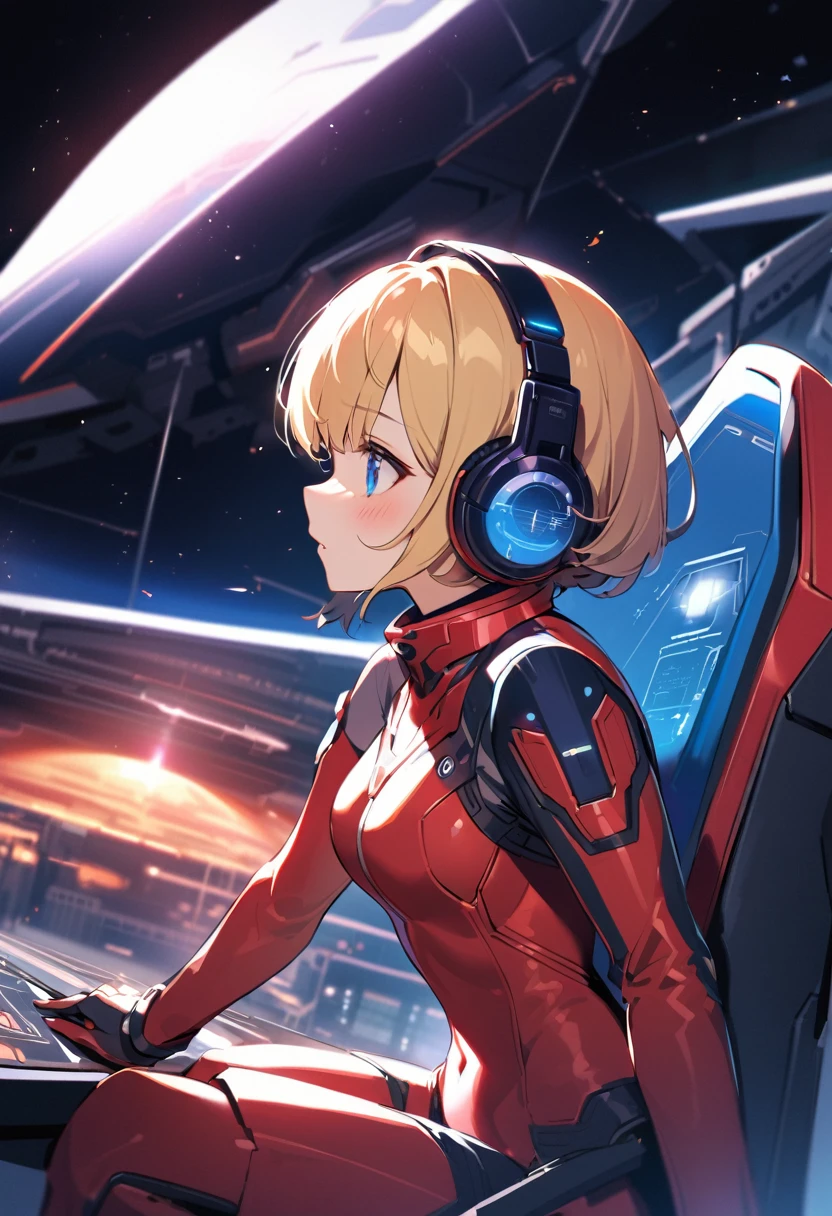 ( short hair, street, Emo, Blonde, Blue Eyes, ,headphone,eyeliner, Apocalypse, , internal (cockpit) of (Futuristic spaceship:1.6), , blush,Sit on a chair, Covered navel, Space Helmet, Mvrów, Space Helm, Plug Suit , Space Helmet, Eva Helm,Red bodysuit, short hair, From the side,Upper Body,close,Looking this way、background moving at high speed、