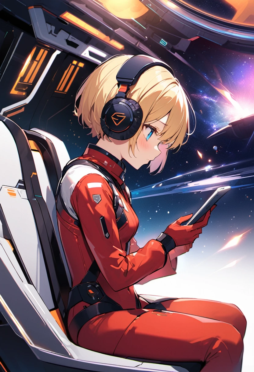 ( short hair, street, Emo, Blonde, Blue Eyes, ,headphone,eyeliner, Apocalypse, , internal (cockpit) of (Futuristic spaceship:1.6), , blush,Sit on a chair, Covered navel, Space Helmet, Mvrów, Space Helm, Plug Suit , Space Helmet, Eva Helm,Red bodysuit, short hair, From the side,Upper Body,close,Looking this way、background moving at high speed、
