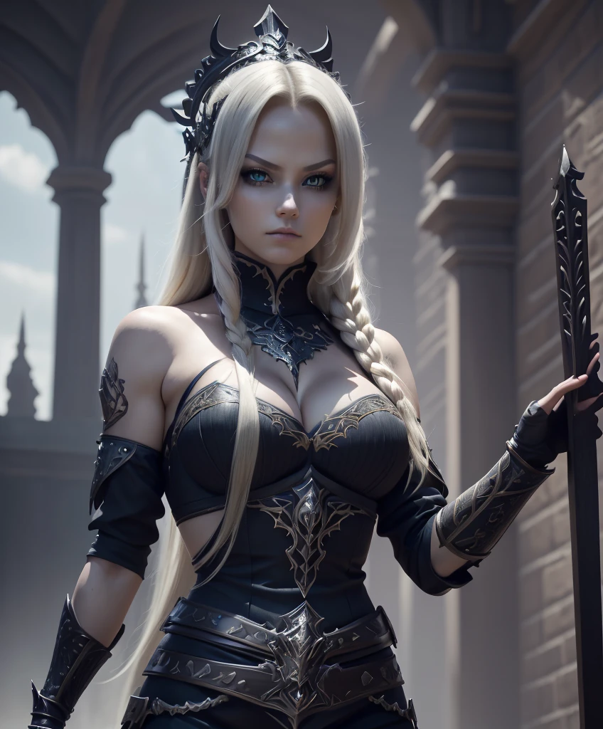 score_9, score_8_up, score_7_up, source_anime, source_explicit, Imposing and intimidating human female warrior with long blonde hair, dark armor and a sinister appearance like that of a villain. She is very attractive and alluring, but is in the service of an evil force. hyper detailed, gothic art, trending on artstation,intricate details, ultra detailed,, ultra detailed clothes, epic masterpiece, ultra detailed, intricate details, award winning, fantasy art concept masterpiece, trending on Artstation, digital art, unreal engine, 8k, ultra HD, centered image