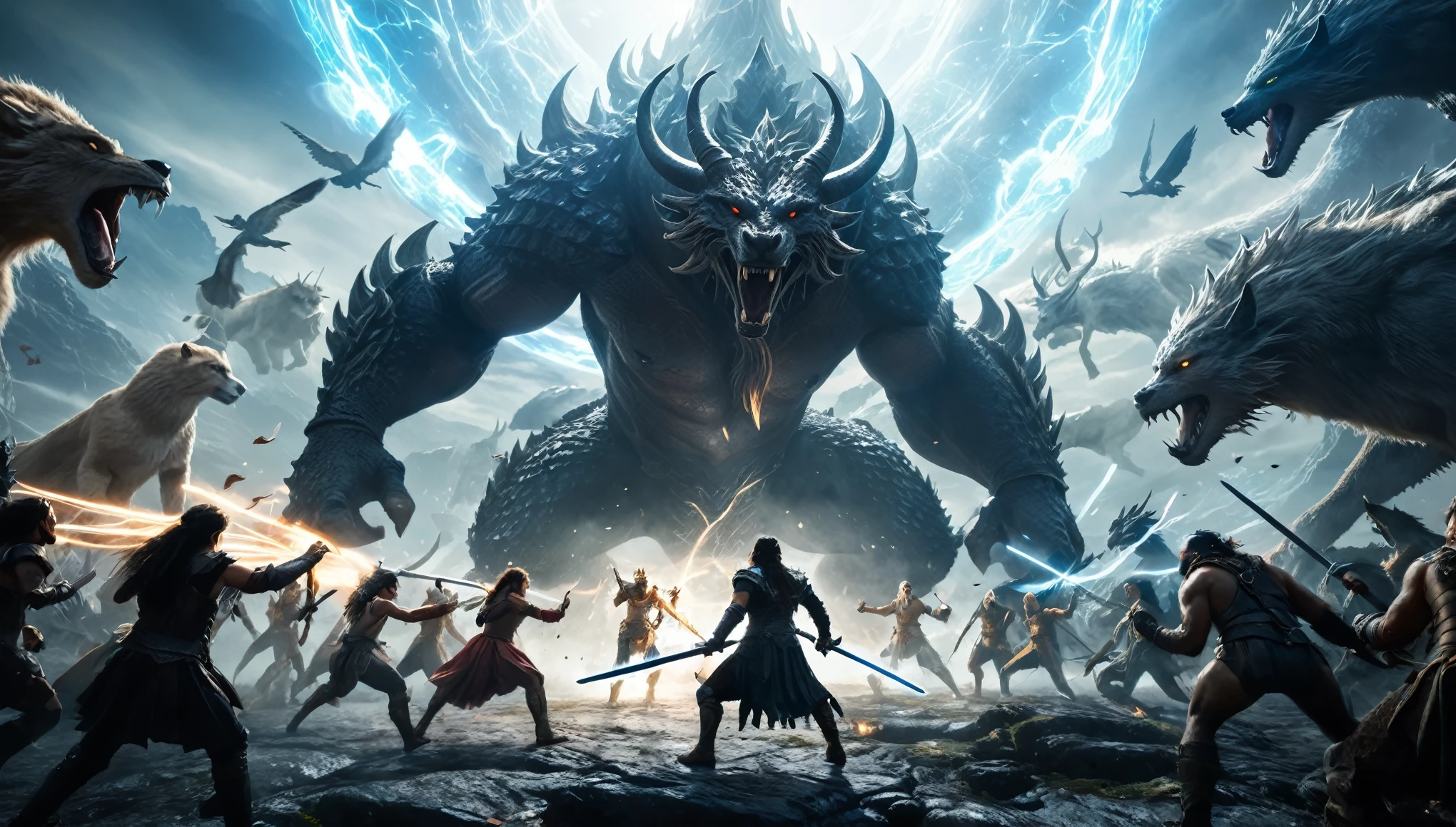 Prompt #2:
An epic battle scene in a different world, the hero at the center wielding a sword that glows with an ethereal light, surrounded by fantastical beasts and allies, mid-action, high tension, Canon EOS R8, wide angle lens