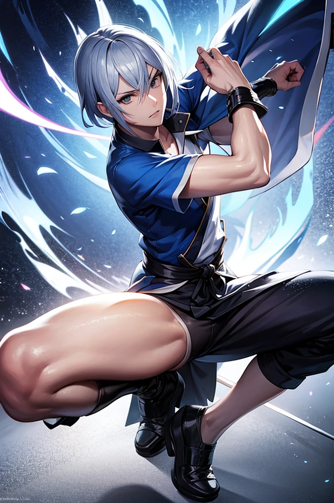 anime character with a sword and a blue shirt, fubuki, as a character in tekken, character from king of fighters, fighting game character, son of sparda, masamune shiro, king of fighters style, of virtua figther, fighting stance, jin kagetsu, a silver haired mad, dramatic wielding sword pose, thancred waters, humanized