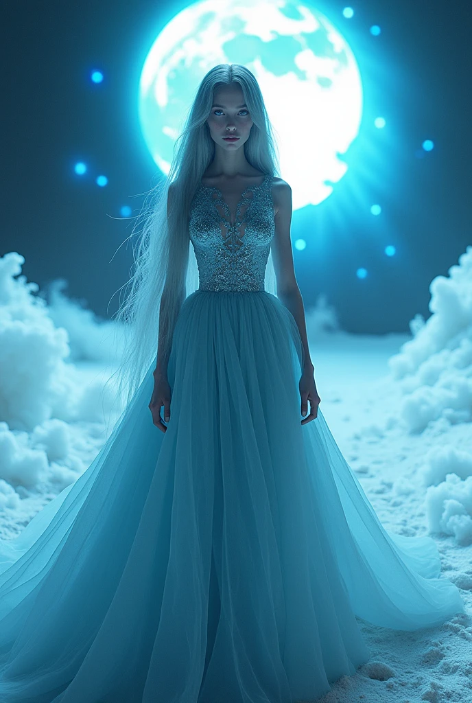 (Photograph of a female model, wearing an ultra-futuristic, long haute couture dress with a sapphire blue ocean color, standing in the desert),Haute couture, Witch costume
background: Jupiter, reef, sand and foam swirling, blue sand and foam swirling, dust swirling like foam,
absurdly long hair, long eyelashes, bright pupils, solitaire, projected box, zoom layer, ray tracing, divine rays, UHD, masterpiece, retina, anatomically correct, textured skin, super detail, high details, high quality, award-winning, best quality, high resolution, 8k
