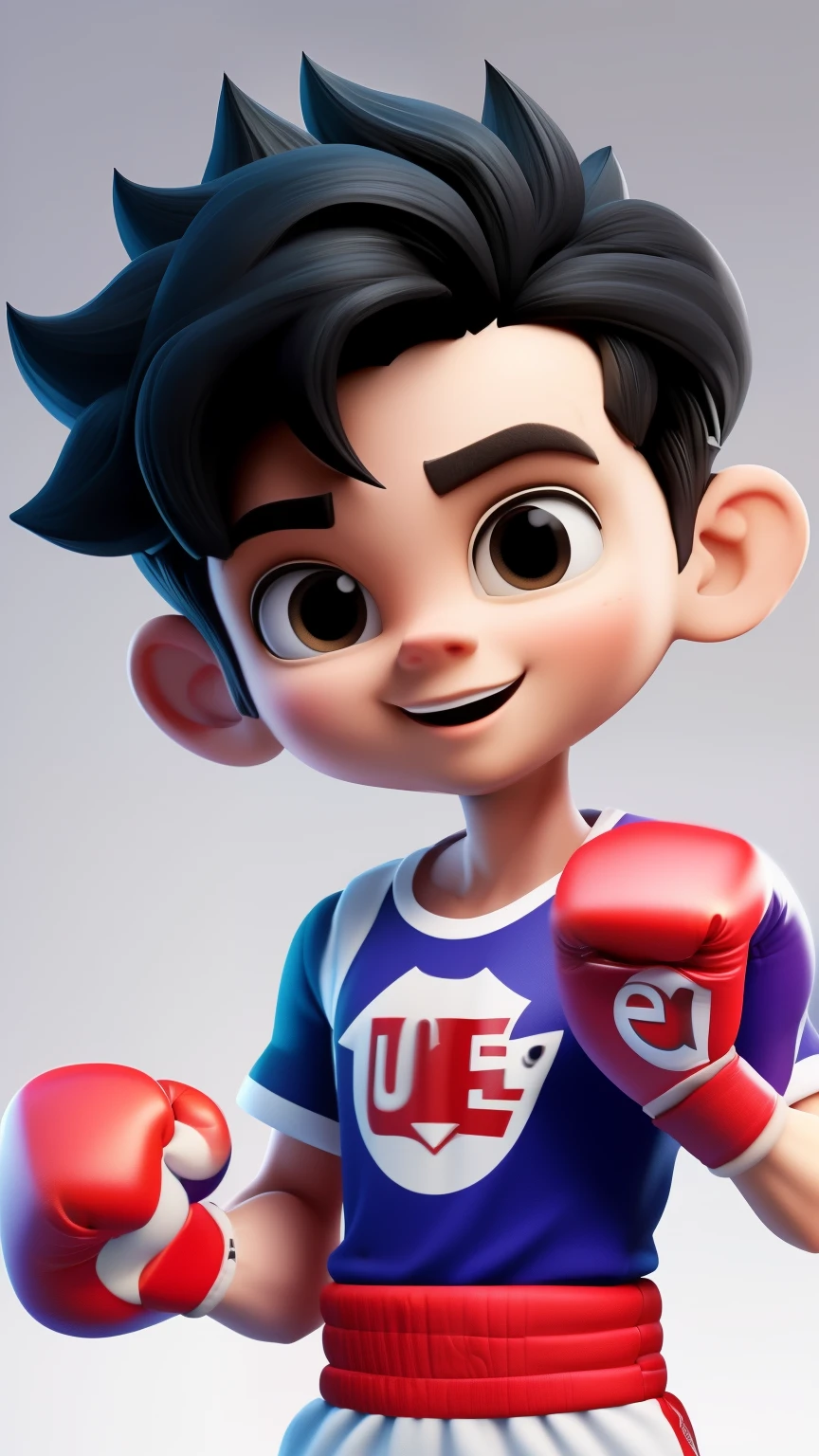 There is a Q version boy,With a fist,Doing boxing movements,Half sideways,Show your upper body,Show your whole body,Very rich facial details, Wearing a purple boxing uniform,looks very sunny,Cheerful,Look straight ahead,Light black hair, Super detailed characters, Highly Authentic, 4K, Chiaroscuro, Ultra-high detail,Rim Light,Gloss,White background,UE5