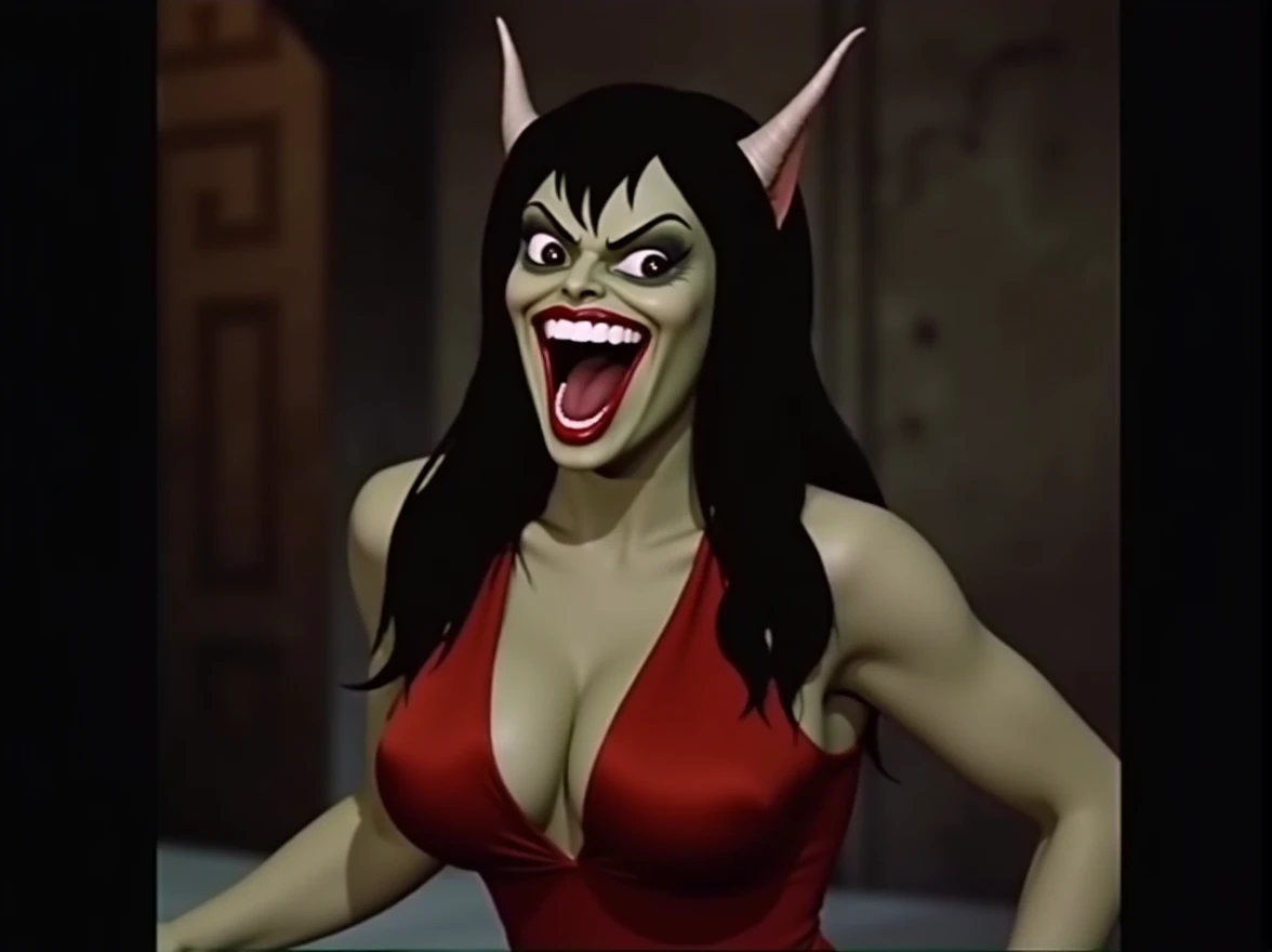 busty goblin wearing satin red dress, smiling big, big perfect teeth, big breasts, deep cleavage, green skin tone, long pointy ears, evil laugh, evil sexy eyes, biting down