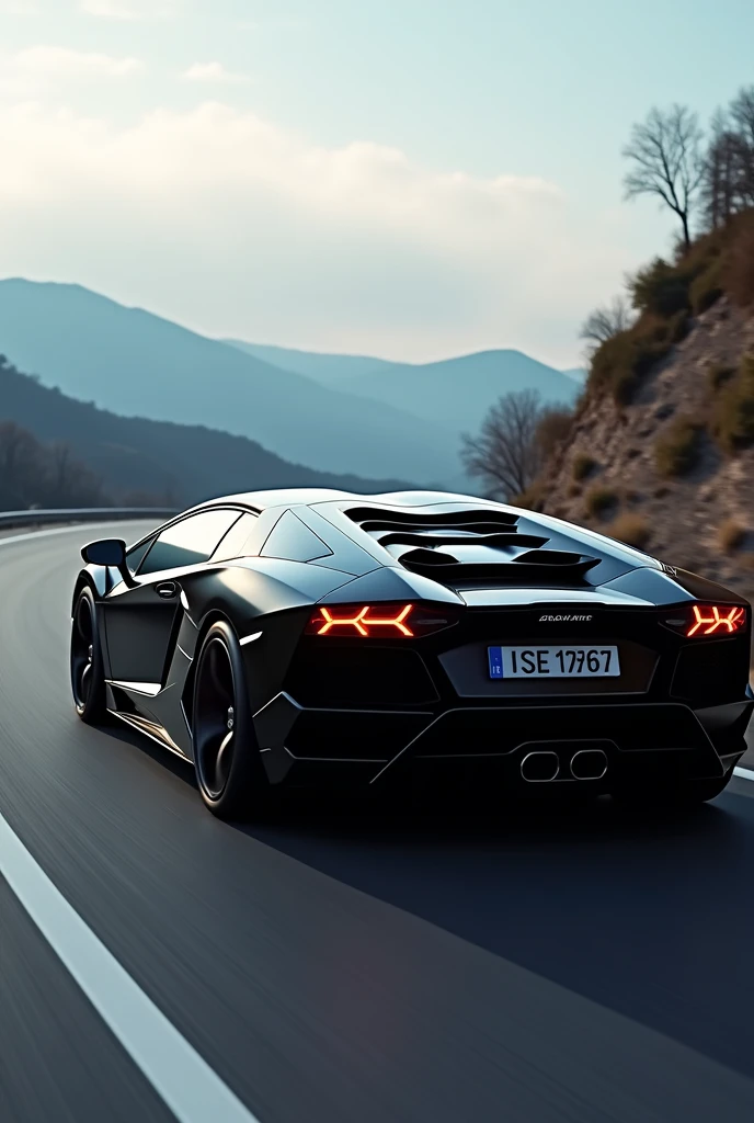 Dimensions 1242x2688 pixels,Lamborghini Aventador supercar,black,Aquarius,Cool,Handsome。panoramic,The car needs to be inside the frame.,Telephoto,On the side,It's driving on the road,Ultra HD 4k8k resolution,webp