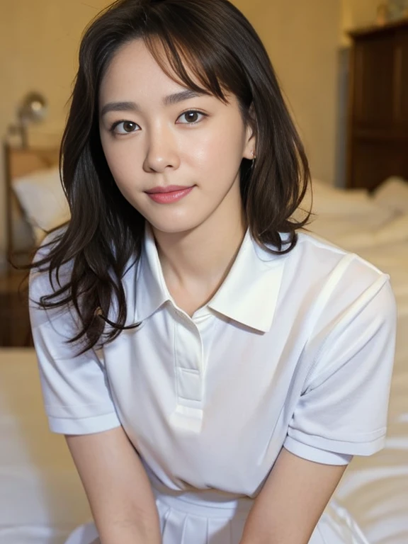 (Masterpiece, Best quality:1.3), (Ultra realistic, Photo-realistic:1.2), looking at each other, Natural light, 28 years old actress, Japanese beautiful 2 women, Neat and clean, (White tennis uniform, White short-sleeve polo shirt with darknavy line collar:1.1), (unbutton:1.3), (White pleated skirt:1.1), white sock, (ponytail:1.2), short wavy hair, (Beautiful faces), Oval face, clear, Beautiful eyes, Kind eyes, Clear skin, Small face, Beautiful mouth, Small mouth, Natural makeup, Approachable, (nsfw:1.1), Seductive smile, (Seductive pose:1.2), (Beautiful thighs:1.1), (Bedroom eyes:1.1), Embarrassed, Blush, Luxury hotel Suite room, On bed, Hidden camera installed in suite room captures obscene reality of girls high school, ( couple , petting together:1.1), grabbing crotch, erotic