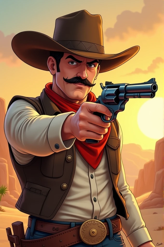 Cartoon of a modern cowboy without a mustache, firing their revolvers 