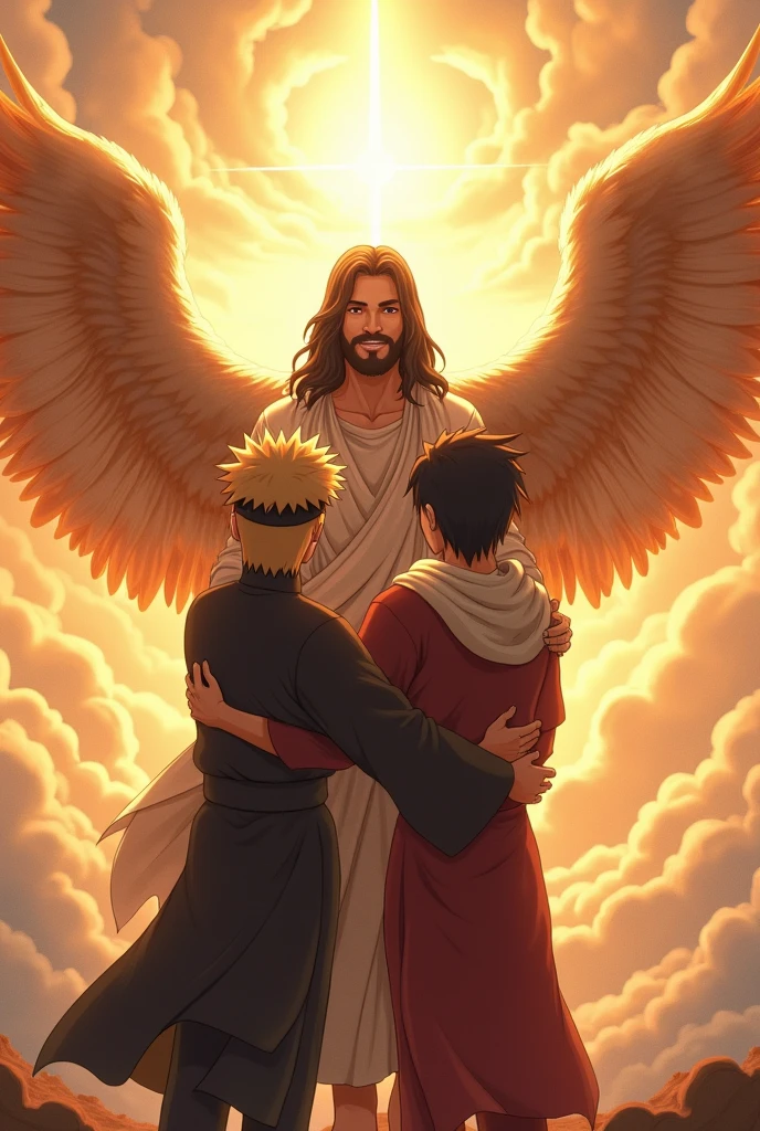 Naruto and Sasuke hugging Jesus and a Phoenix wrapped around him