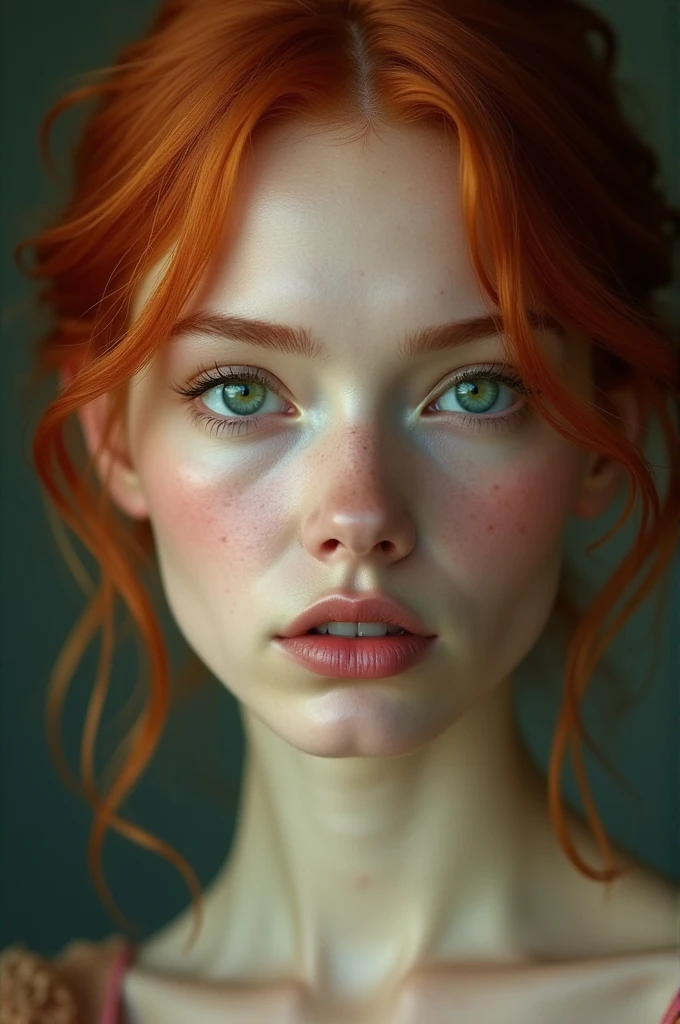caucasian woman, oriental green eyes, thin face red hair , arbitrated nose