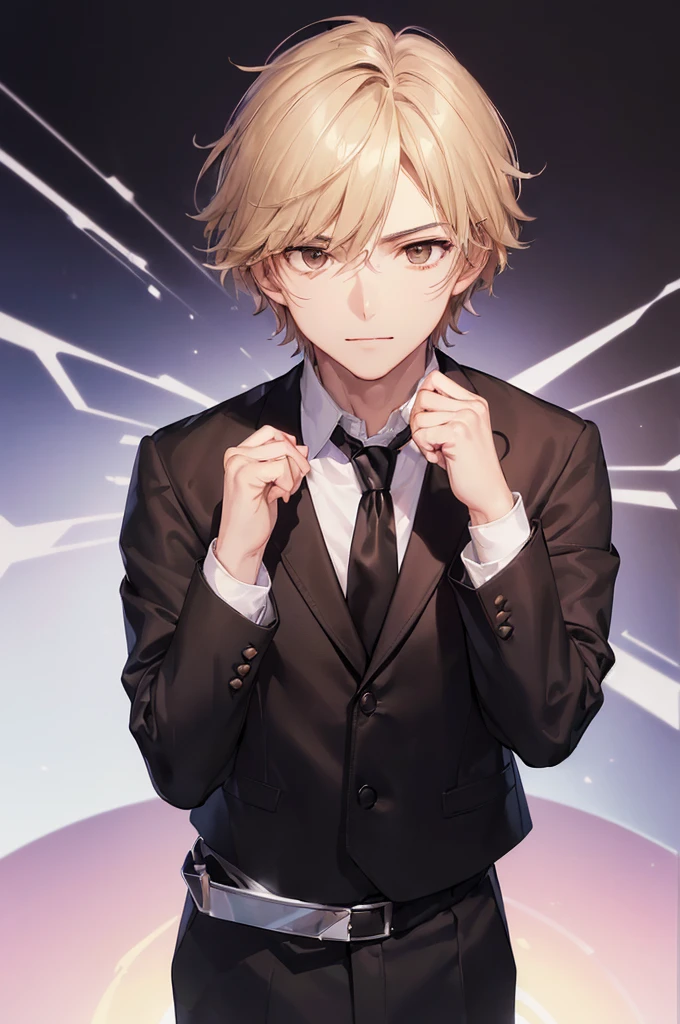 (((masterpiece; best quality: 1.2))), (detailed eyes: 1.3), ((1 young man)), ((solo)), (brown eyes: 1.4), (body shape; lean, masculine, manly: 1.3), (short blond hair: 1.3), (clear background: 1.2), ((depth of field)), (equipment: male school uniform + black jacket + black necktie + white shirt: 1.3), (anime illustration: 1.2), (background composition; japanese highschool classroom + furniture: 1.1), (handsome: 1.1), (shot composition; standing + centered on face + close-up: 1.5), (facial expression; calm + smirk: 1.2)