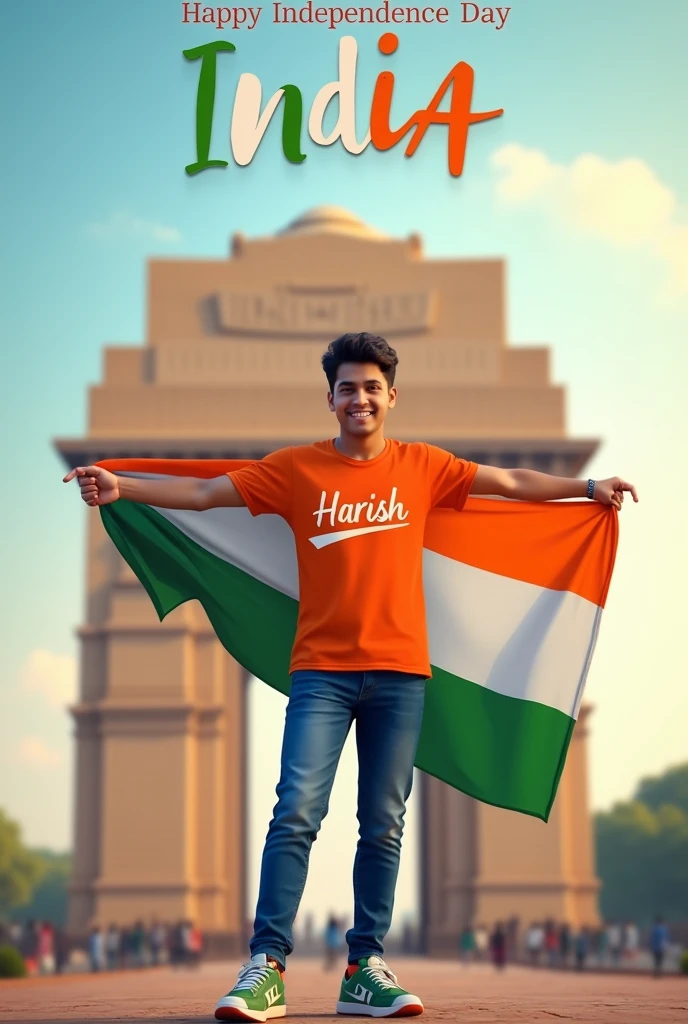 real 20 years old boy, Wearing Orange T shirt blue jeans sneakers and the name "Harish" is written on his t-shirt and the boy is standing on the road with holding a national flag of India, and behind him is the India gate Delhi. And "Happy Independence Day 2024" written at above sky Create Realistic image high quality.