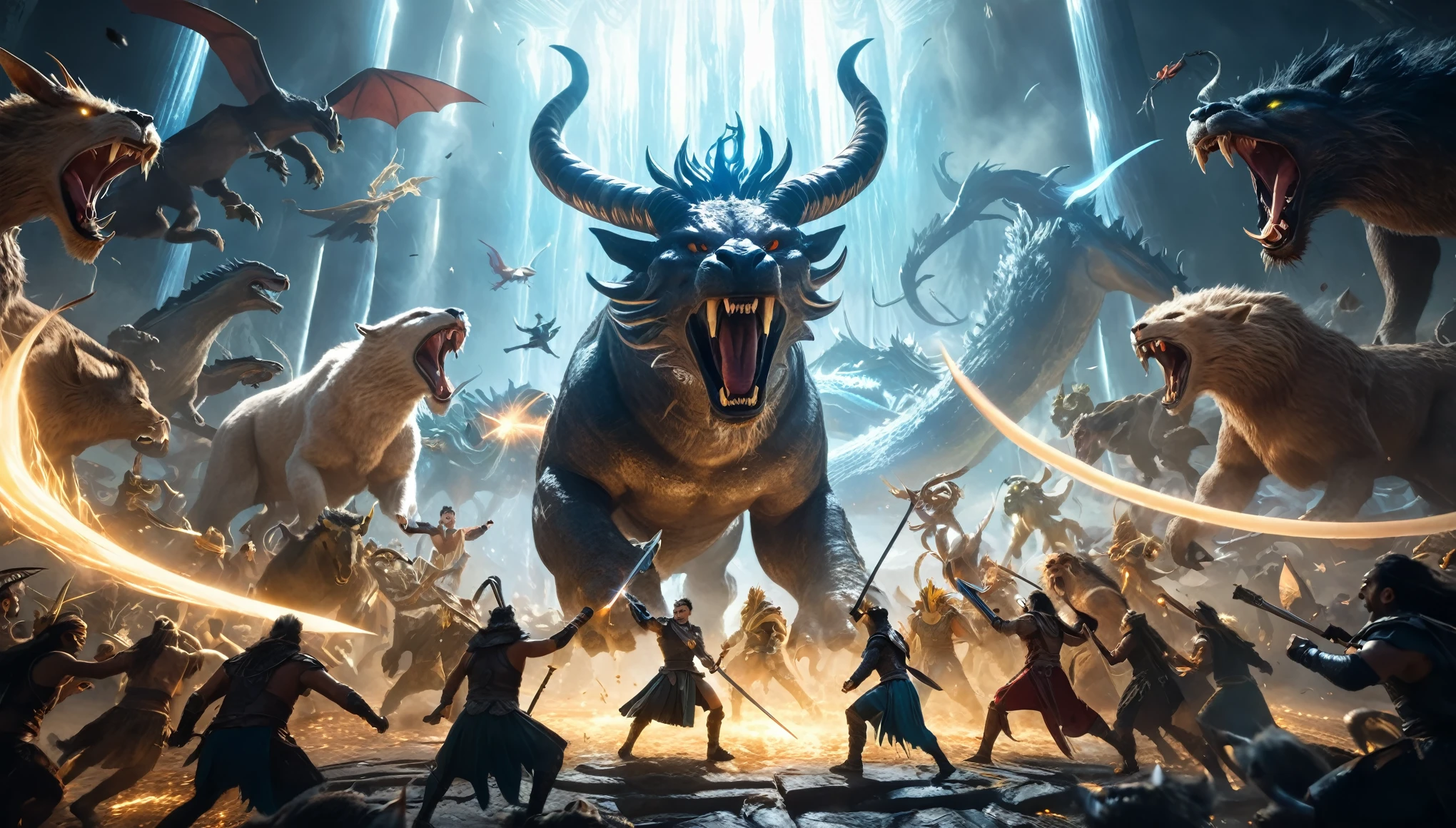 Prompt #2:
An epic battle scene in a different world, the hero at the center wielding a sword that glows with an ethereal light, surrounded by fantastical beasts and allies, mid-action, high tension, Canon EOS R8, wide angle lens