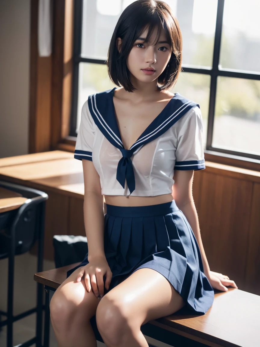 (masterpiece:1.2), Very detailed, Ultra-high resolution, (Realistic, photo Realistic:1.6), High-resolution RAW color photos, Professional photos, Sharp focus:1.2, (Very detailed顔と肌の質感, Very beautiful eyes, Glossのある肌, Glowing Skin, Glowing Skin, Shining Face, Gloss, Oily skin, greasy face, Oily skin, greasy face,),, (real Glossのある肌 texture), Perfect Anatomy, Very detailed背景,(High school classroom at night),1 female,25-year-old woman, Japanese women,Height: 168cm,(short hair, Straight hair, bangs, Brown Hair),((Flat Chest:1.6)),(Slender legs), ((((White short-sleeved sailor suit、Navy blue pleated skirt:1.5、Perfectly detailed sexy string thong inside the skirt))),((sit at a desk with your knees up:1.3))、(((A translucent sailor uniform, wet and see-through:1.4、Sexy bra covered by sailor suit))),Invite to sex