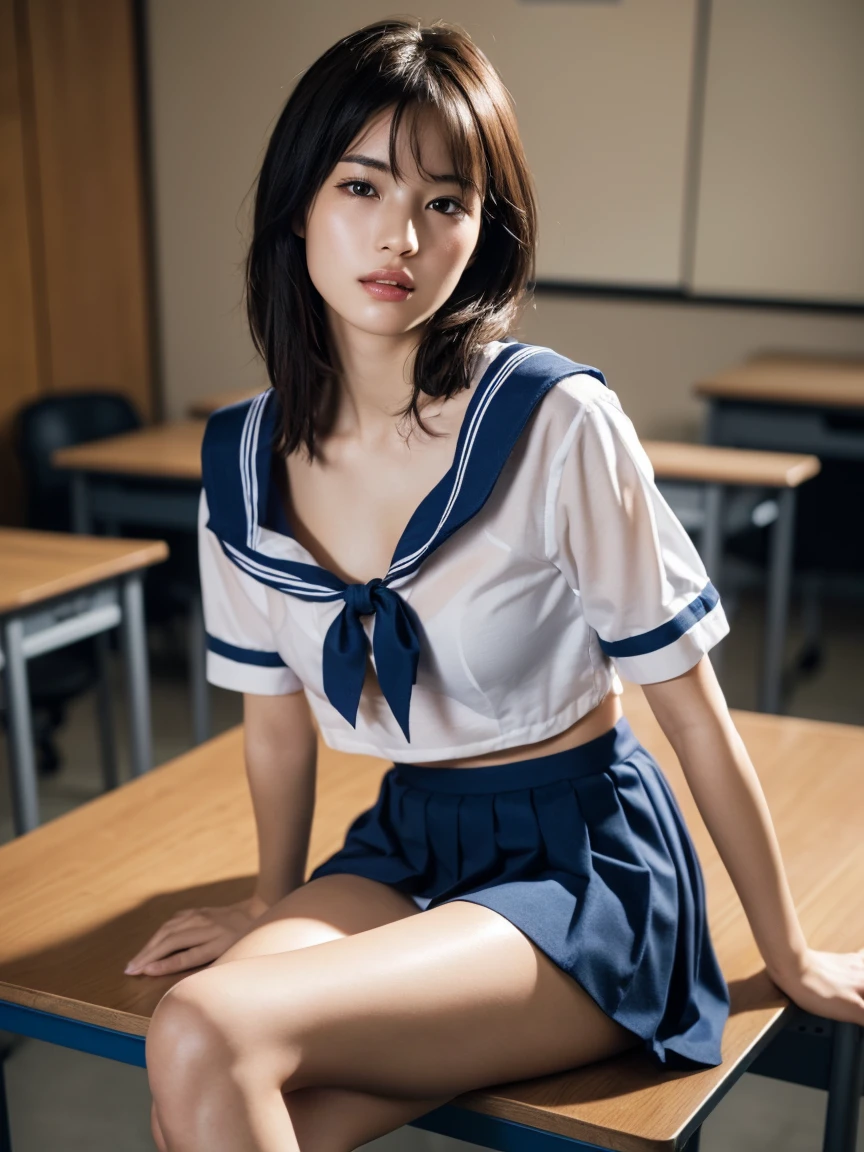 (masterpiece:1.2), Very detailed, Ultra-high resolution, (Realistic, photo Realistic:1.6), High-resolution RAW color photos, Professional photos, Sharp focus:1.2, (Very detailed顔と肌の質感, Very beautiful eyes, Glossのある肌, Glowing Skin, Glowing Skin, Shining Face, Gloss, Oily skin, greasy face, Oily skin, greasy face,),, (real Glossのある肌 texture), Perfect Anatomy, Very detailed背景,(High school classroom at night),1 female,25-year-old woman, Japanese women,Height: 168cm,(short hair, Straight hair, bangs, Brown Hair),((Flat Chest:1.6)),(Slender legs), ((((White short-sleeved sailor suit、Navy blue pleated skirt:1.5、Perfectly detailed sexy string thong inside the skirt))),((sit at a desk with your knees up:1.3))、(((A translucent sailor uniform, wet and see-through:1.4、Sexy bra covered by sailor suit))),Invite to sex