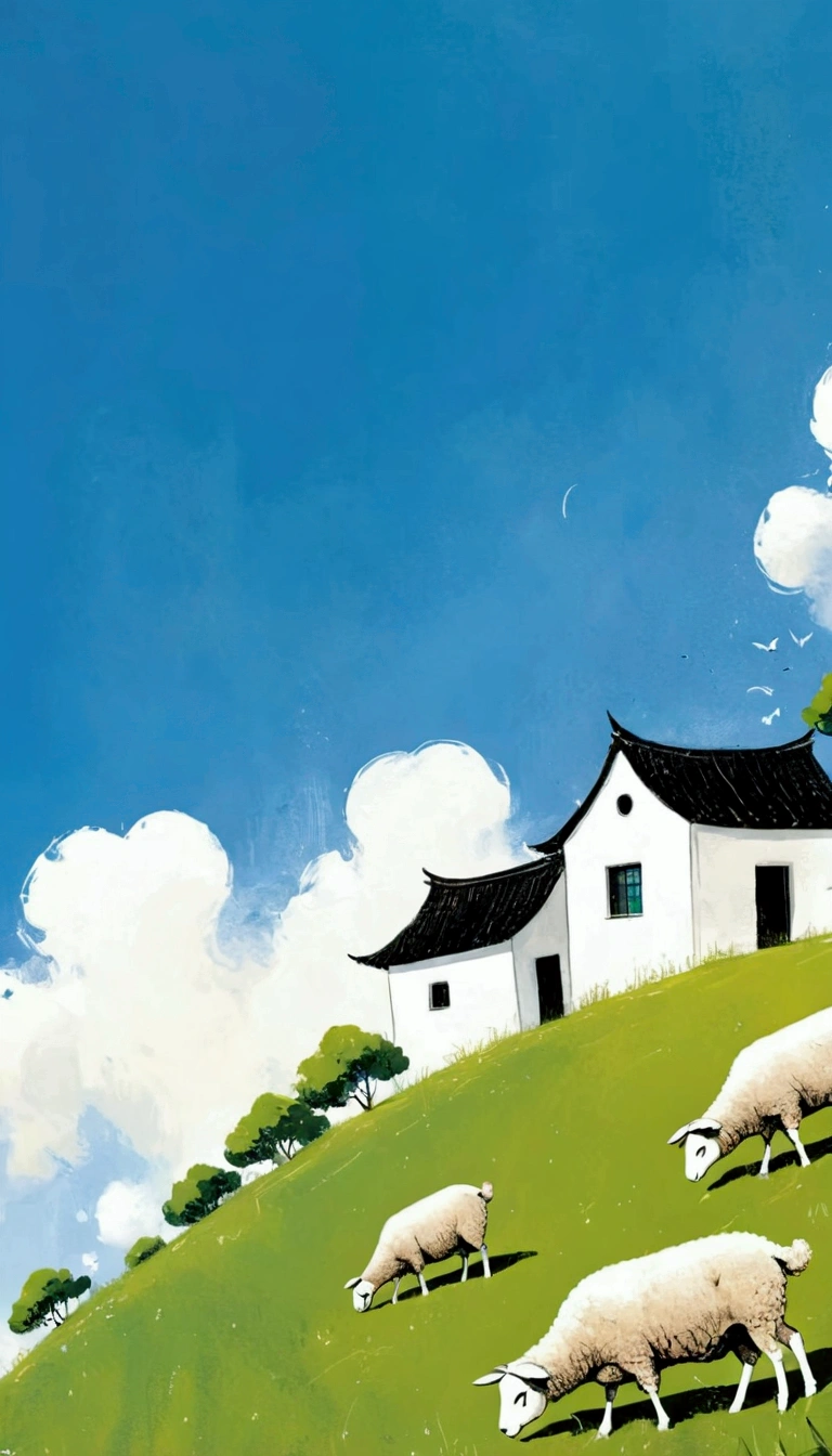Sky accounts for 3%/4,75%Blank.中国水墨画sketch:Light Ink,Lowercase,sketch,artistic conception:2.point,sheep on grass,Small house in the distance,Minimalism,White background。(((Negative Space:2,大面积Blank:2, Bottom left composition)))