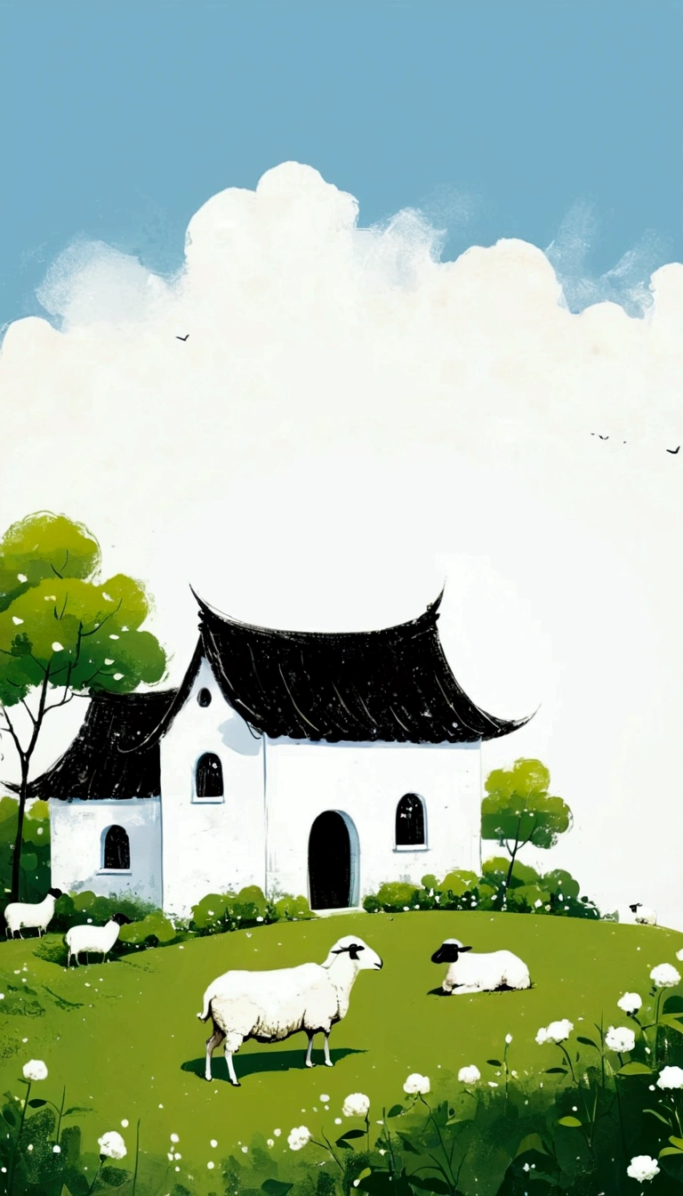Sky accounts for 3%/4,75%Blank.中国水墨画sketch:Light Ink,Lowercase,sketch,artistic conception:2.point,sheep on grass,Small house in the distance,Minimalism,White background。(((Negative Space:2,大面积Blank:2, Bottom left composition)))