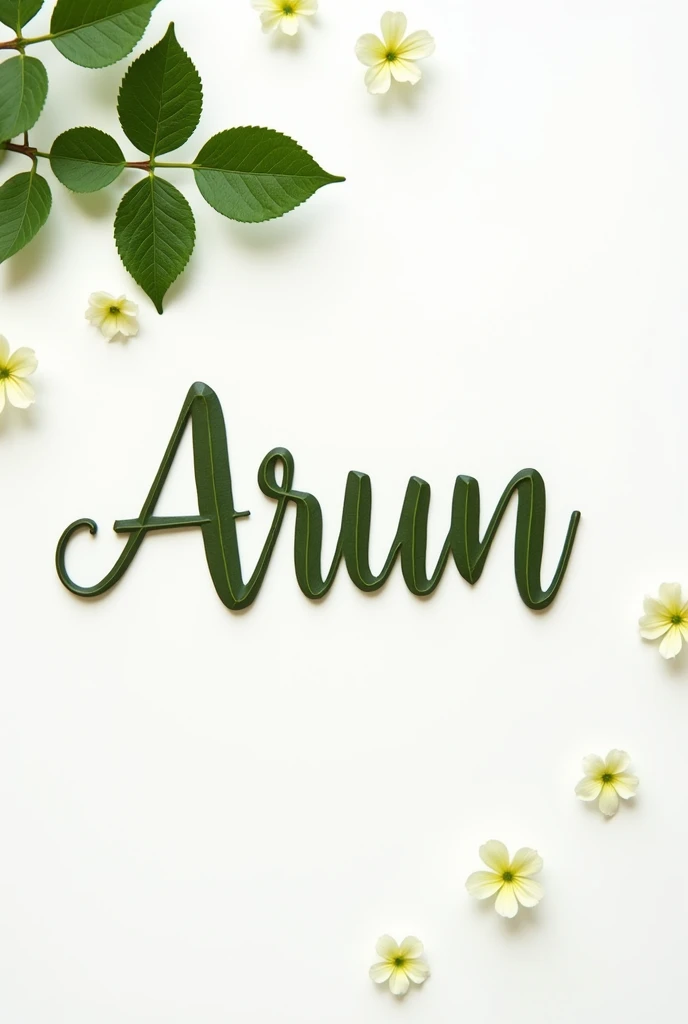 Make a photo with Rose leaves type name with Arun name and upper corner is green leaves white background