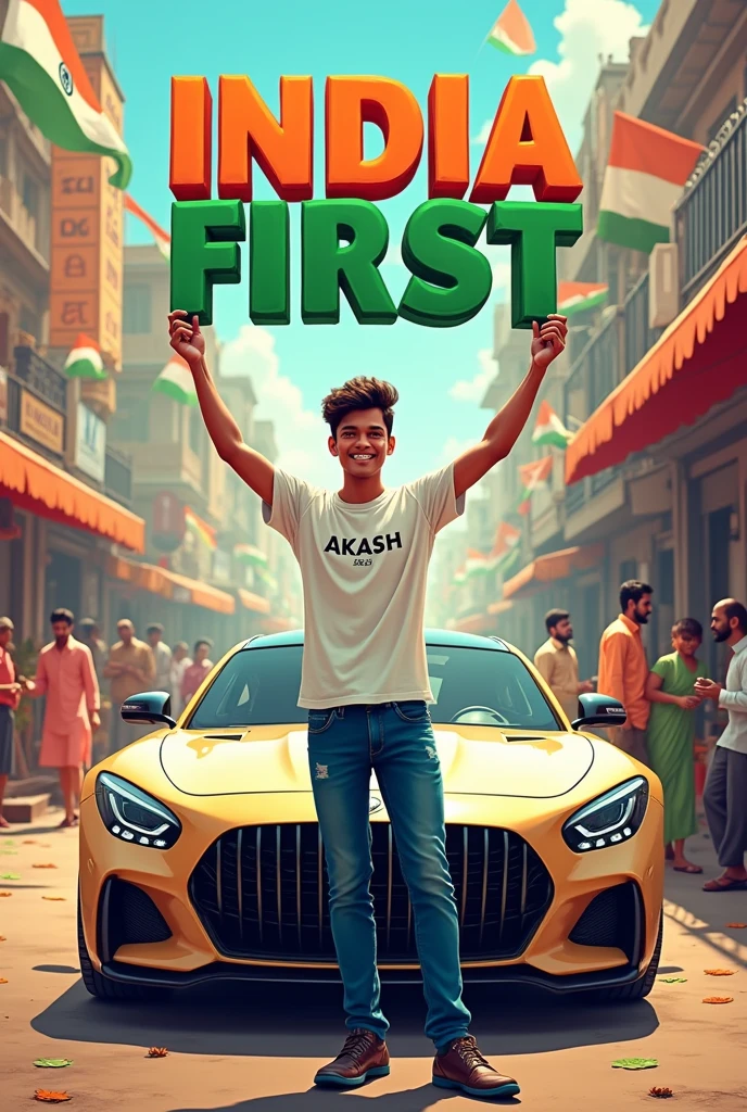 Illustration of an 18-year-old Indian boy standing next to a luxury car, holding the Indian flag high. The background features a colorful Indian street filled with children running with flags, vendors selling sweets, and a group of men chatting at a tea shop. The boy is wearing jeans and a white t-shirt with ‘Akash’ on it, and the text ‘India First’ is written in 3D at the top.”