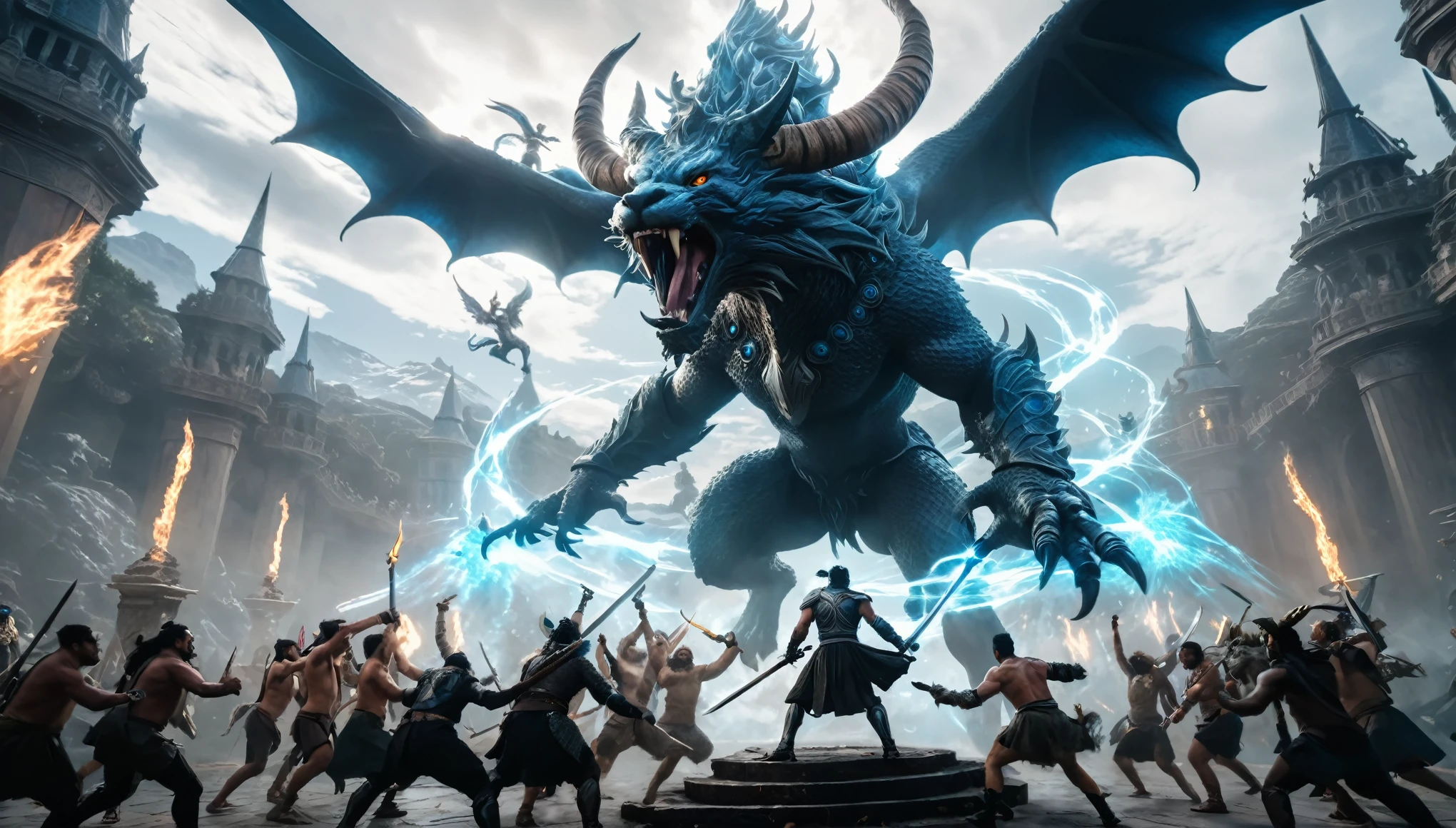 Prompt #2:
An epic battle scene in a different world, the hero at the center wielding a sword that glows with an ethereal light, surrounded by fantastical beasts and allies, mid-action, high tension, Canon EOS R8, wide angle lens