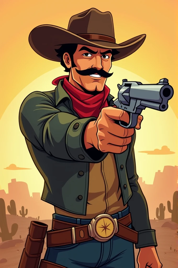 Cartoon of a modern cowboy without a mustache, firing their revolvers 
