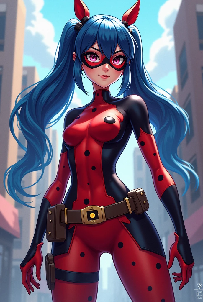 Ladybug with the rabbit and horse miraculous with long blue-black pigtail hair with two blue streaks