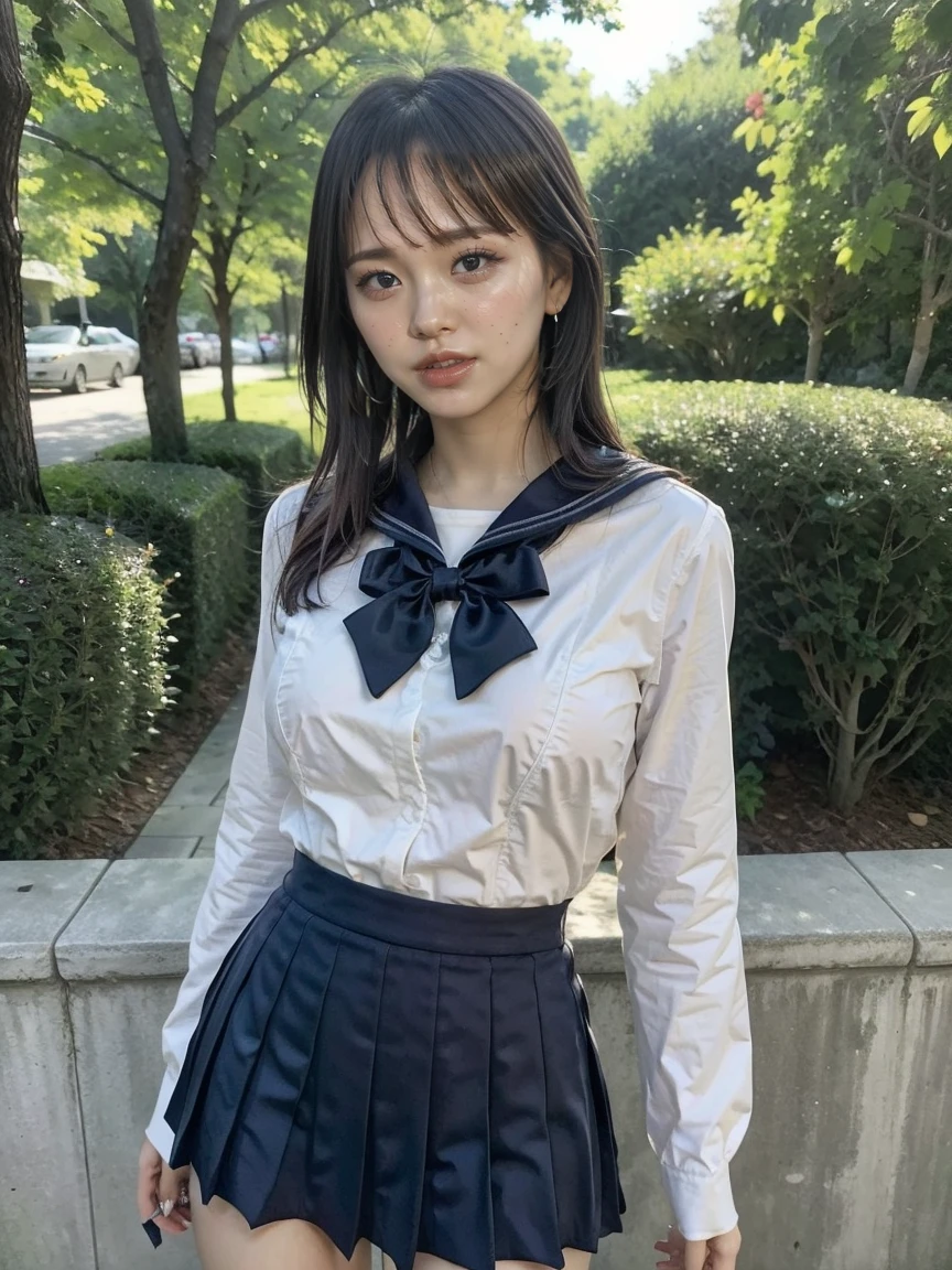 ((full body:1.5, standing)), ((smile:1.5)), (twin tale hair:1.4), ((large breast:1.3)), ((a cute girl, wearing a tight sailor uniform, white shirts, navy pleats skirt)), very short skirt:1.3, earring, in a bright location, 1girl, detailed face, beautiful eyes, long eyelashes, detailed lips, detailed nose, detailed facial features, , short skirt, pleated skirt, outdoors, bright sunlight, natural lighting, sunshine, vibrant colors, vivid colors, highly detailed, hyper realistic, 8K, photorealistic, masterpiece, professional photography, cinematic lighting, cinematic composition