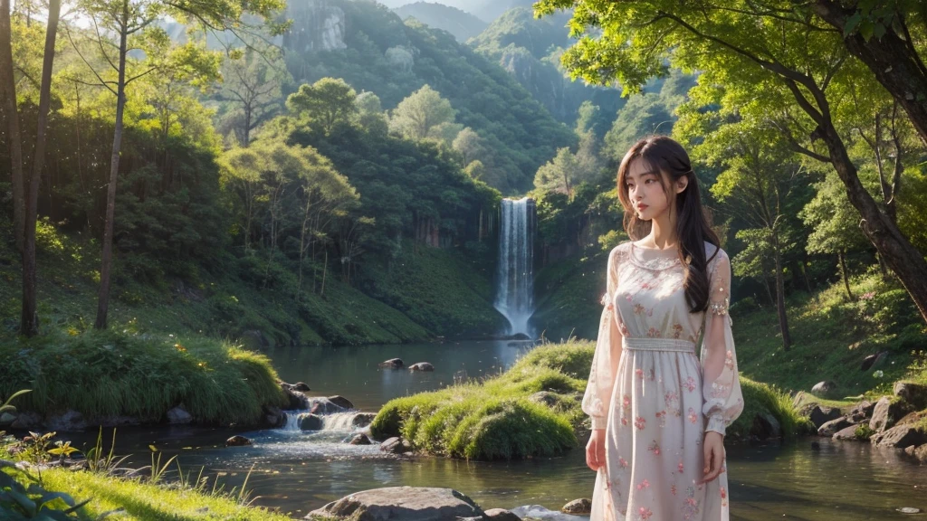 (best quality,4K,8ก,height,Masterpiece:1.2),Very detailed,(realistic,photorealistic,photo-realistic:1.37),High resolution portraits, beautiful asian girl, Standing in front of Tianzishan Peak, Zhangjiajie,((Fiona Pink Misty Floral Embroidered Cotton Dress Length above knee)),Green Mountain,Sunlight filtering through the trees,calm expression,flowing dark hair,The atmosphere is quiet.,Ethereal beauty,blend with nature,harmonious elements,Sensitive features,lush greenery,Golden Sunlight,elegant posture,Relaxed atmosphere,Quiet and elegant,The girl&#39;s eyes reflected the beauty of the mountains.,Magical and dreamlike,tranquility and harmony,Quiet and impersonal,Gentle and elegant,beauty of nature,mesmerizing scenery,Looks like a painting,Enticing beauty,Incredible natural wonders,peace and tranquility,Formidable and awe-inspiring, stylish corner, Pose in style, small round chest, Youthful body, perfect shape, Thin 