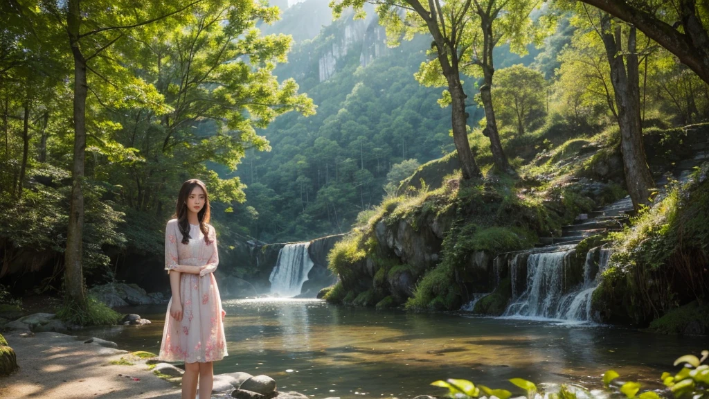 (best quality,4K,8ก,height,Masterpiece:1.2),Very detailed,(realistic,photorealistic,photo-realistic:1.37),High resolution portraits, beautiful asian girl, Standing in front of Tianzishan Peak, Zhangjiajie,((Fiona Pink Misty Floral Embroidered Cotton Dress Length above knee)),Green Mountain,Sunlight filtering through the trees,calm expression,flowing dark hair,The atmosphere is quiet.,Ethereal beauty,blend with nature,harmonious elements,Sensitive features,lush greenery,Golden Sunlight,elegant posture,Relaxed atmosphere,Quiet and elegant,The girl&#39;s eyes reflected the beauty of the mountains.,Magical and dreamlike,tranquility and harmony,Quiet and impersonal,Gentle and elegant,beauty of nature,mesmerizing scenery,Looks like a painting,Enticing beauty,Incredible natural wonders,peace and tranquility,Formidable and awe-inspiring, stylish corner, Pose in style, small round chest, Youthful body, perfect shape, Thin 