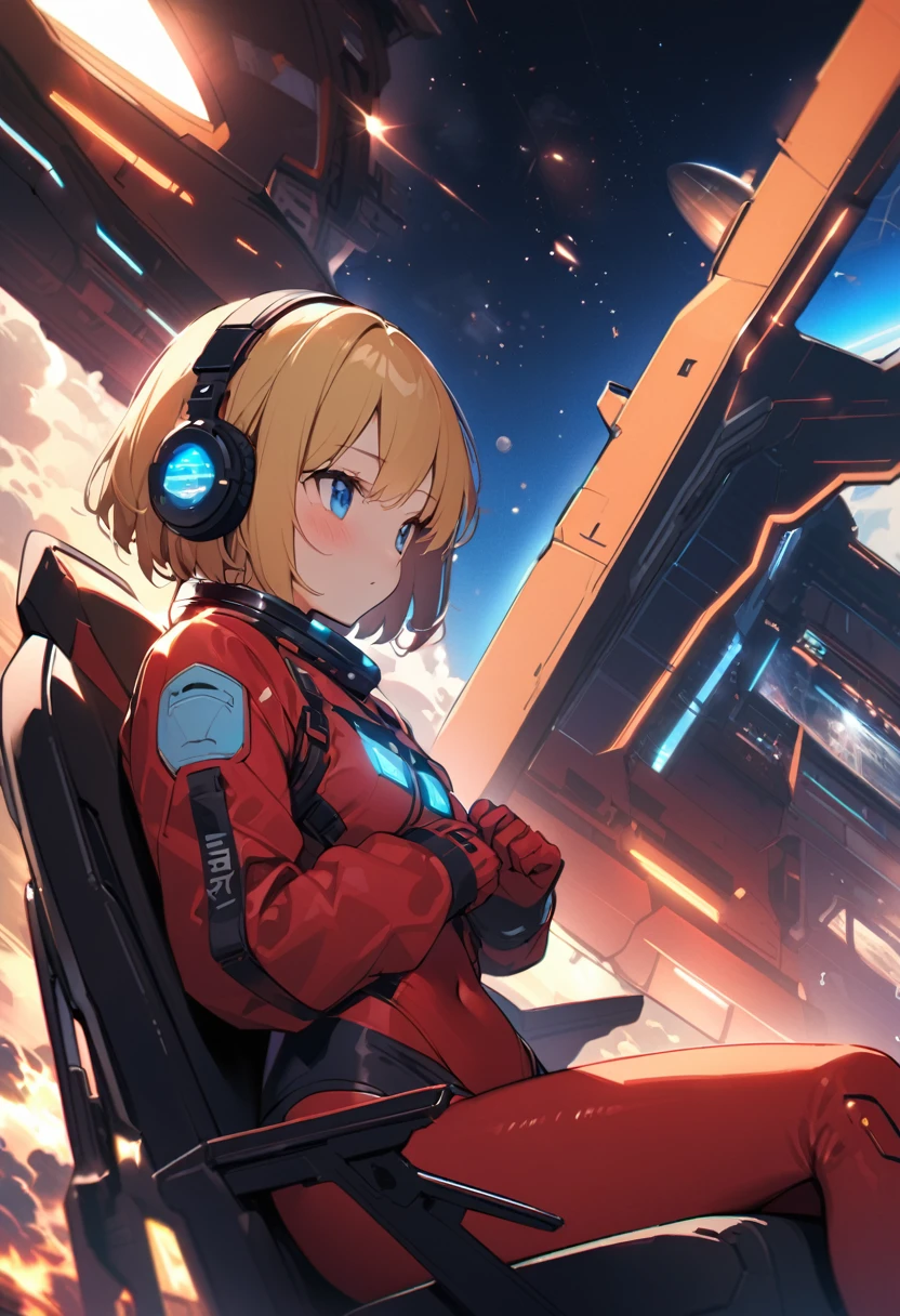 ( short hair, street, Emo, Blonde, Blue Eyes, ,headphone,eyeliner, Apocalypse, , internal (cockpit) of (Futuristic spaceship:1.6), , blush,Sit on a chair, Covered navel, Space Helmet, Mvrów, Space Helm, Plug Suit , Space Helmet, Eva Helm,Red bodysuit, short hair, From the side,Upper Body,close,Looking this way、background moving at high speed、